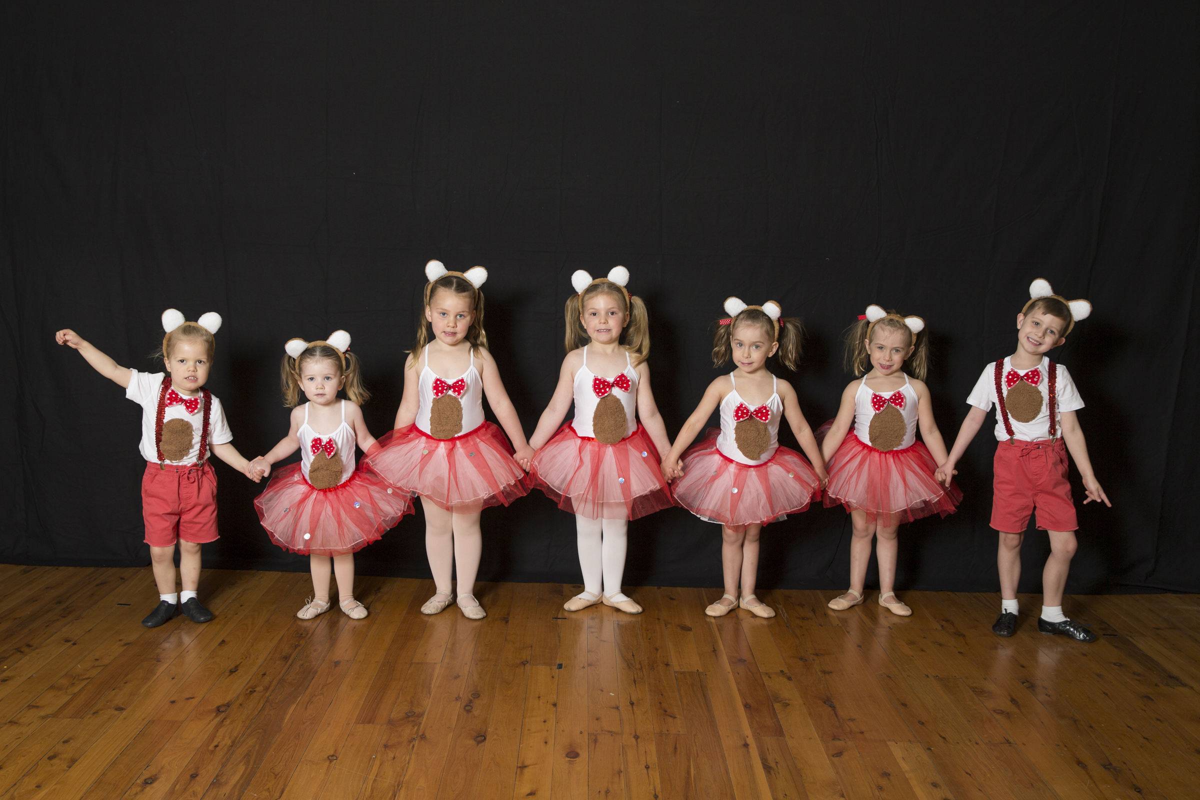 A very cute picture of one of our recent preschool classes; they're all dressed up as little dancing bears wearing t-shirts and singlets with bear stomachs sewn on and bow-ties, the boys with red shorts and suspenders and the girls with red tulle skirts.